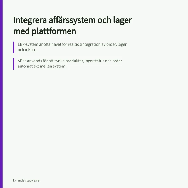 Integrera affärssystem och lager med plattformen: ERP-system är ofta navet för realtidsintegration av order, lager och inköp.; API:s används för att synka produkter, lagerstatus och order automatiskt mellan system.; Färdiga plugins för Shopify och WooCommerce förenklar koppling till Fortnox och Visma. Så integrerar du affärssystem och lager med plattformen